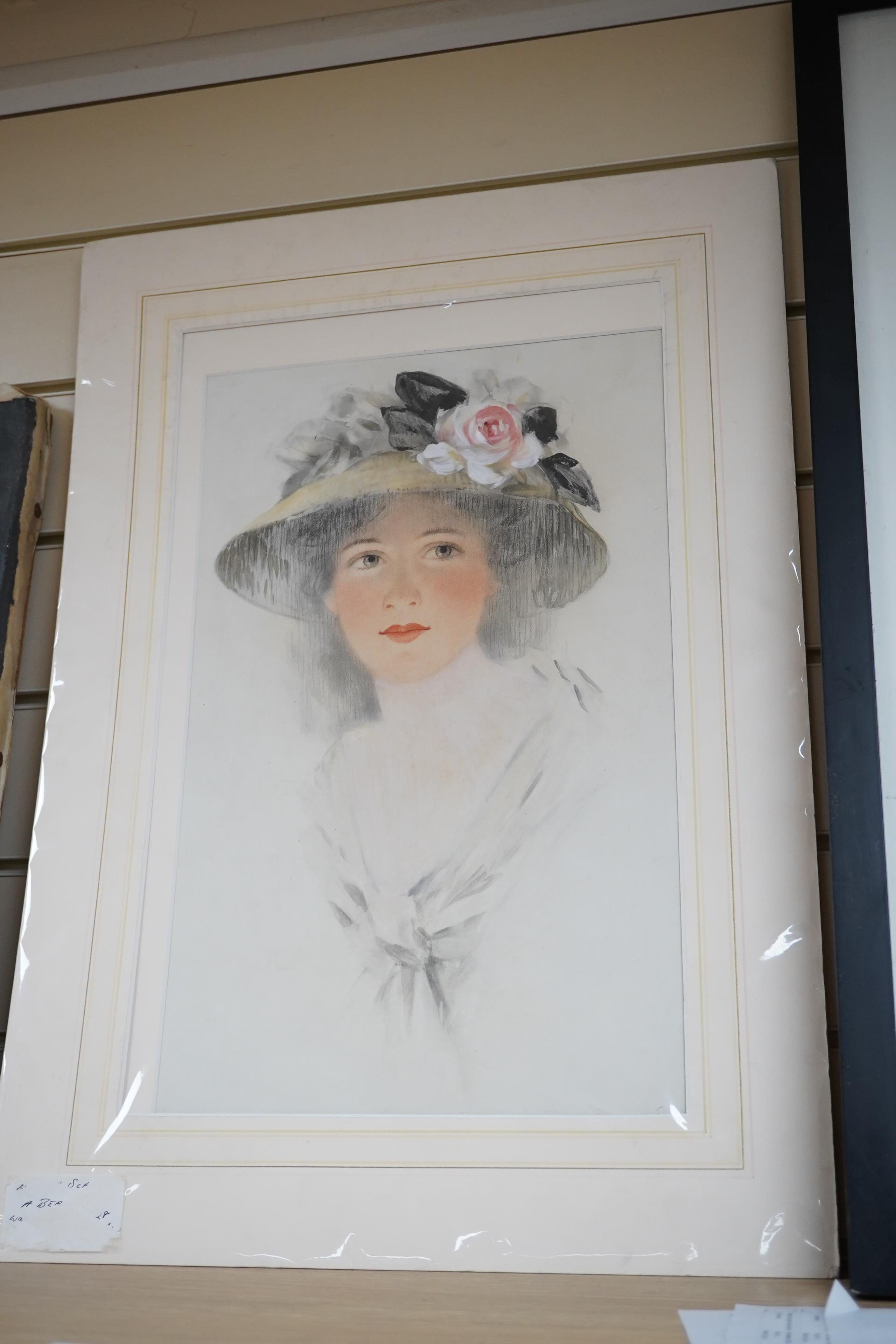 20th century School, pencil and watercolour, Portrait of a woman wearing a bonnet, 43 x 27cm. Condition - good